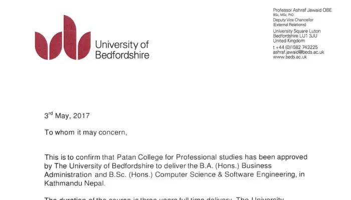 Academic Partnership Letter | UNIVERSITY OF BEDFORDSHIRE, UK